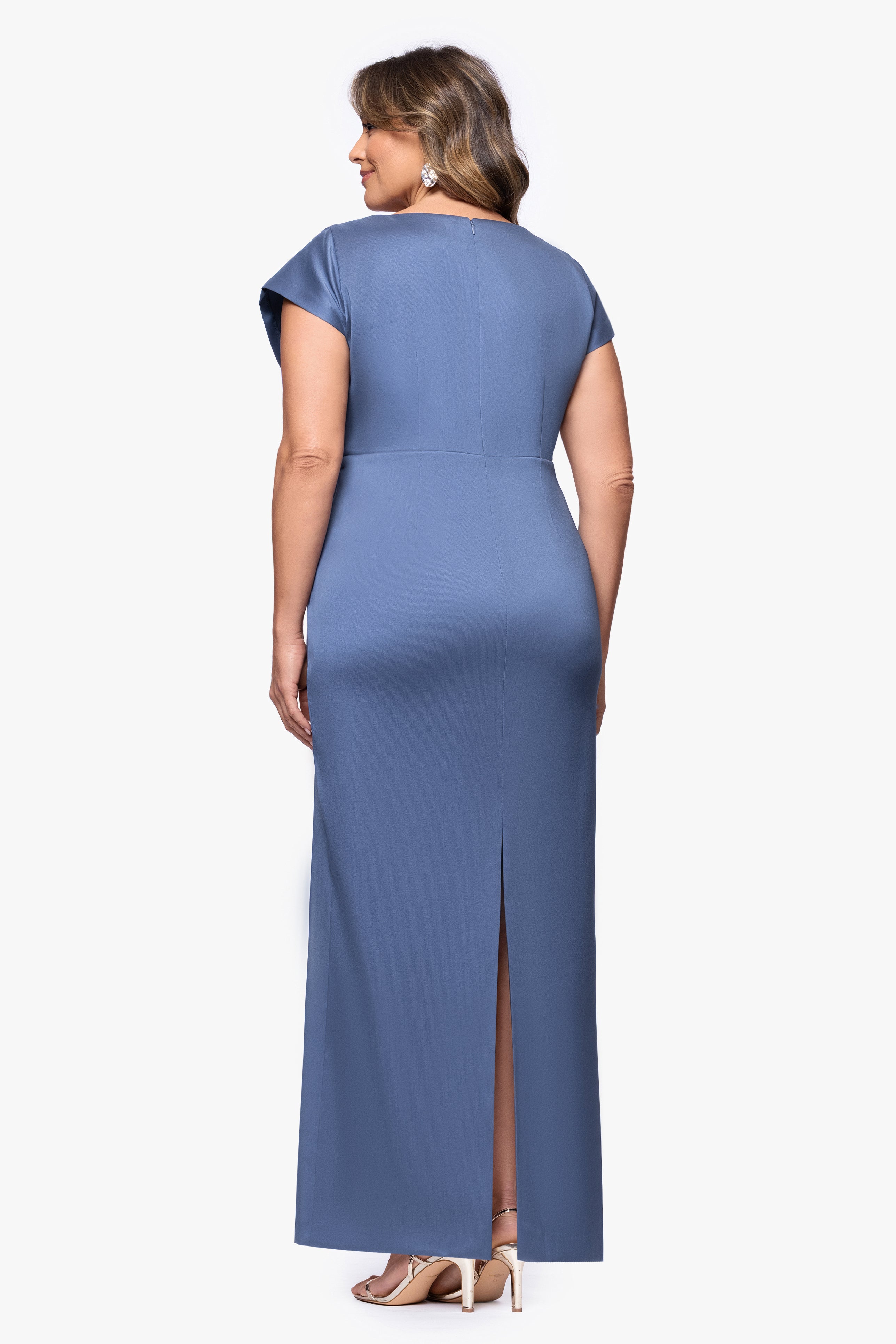 Betsy & Adam Plus "Rosa" Mikado V-Neck Floor Length Dress