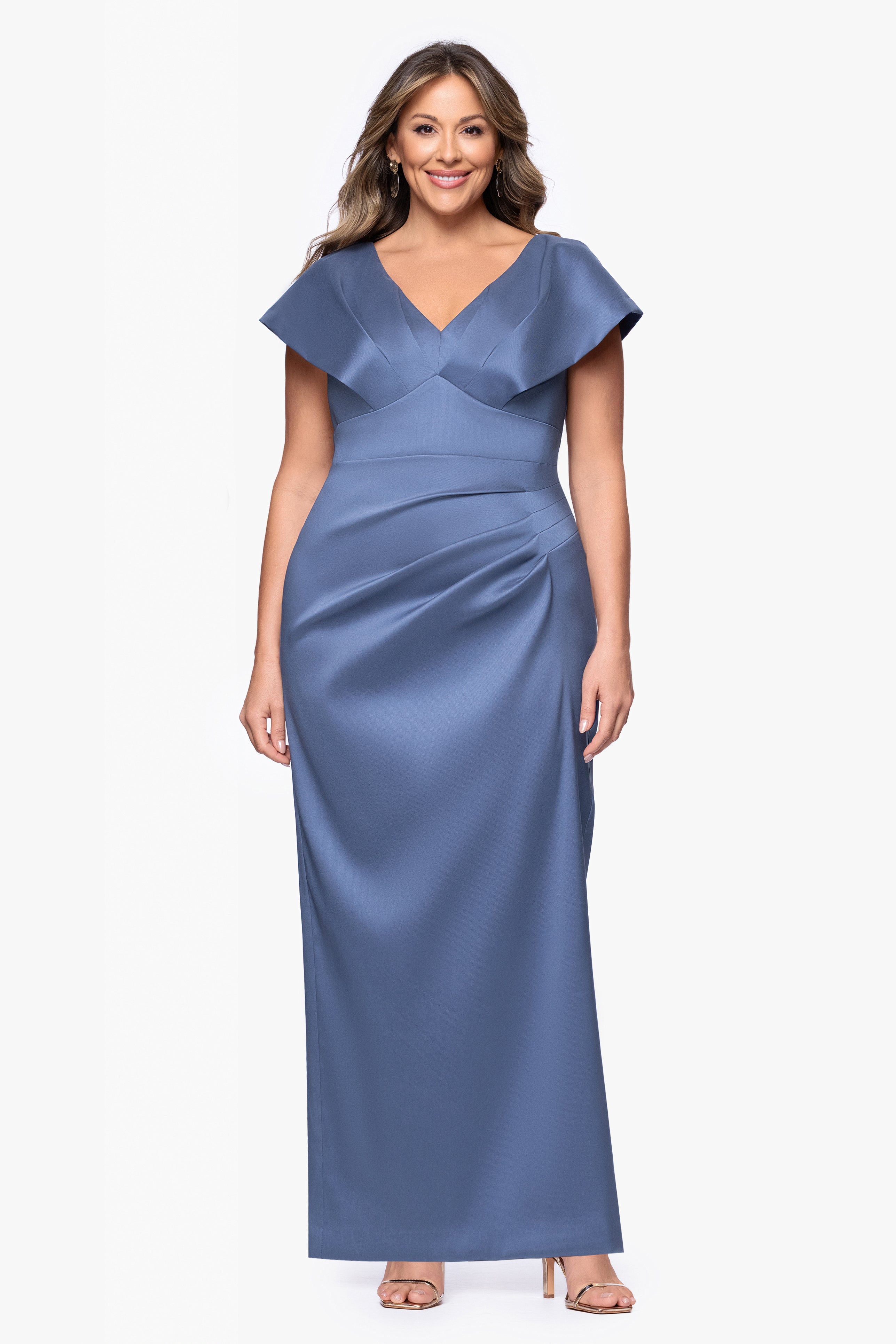 Betsy & Adam Plus "Rosa" Mikado V-Neck Floor Length Dress