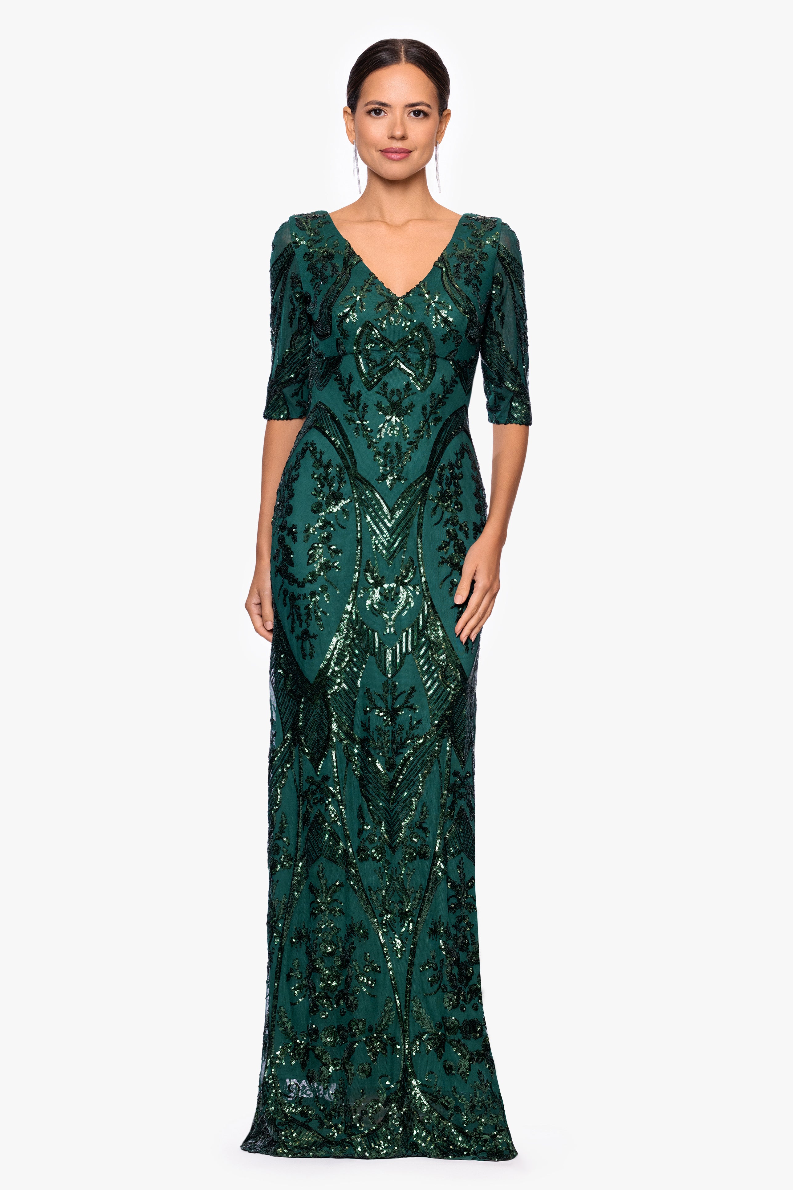 Betsy & Adam "Samara" Sequin V-Neck Floor Length Dress