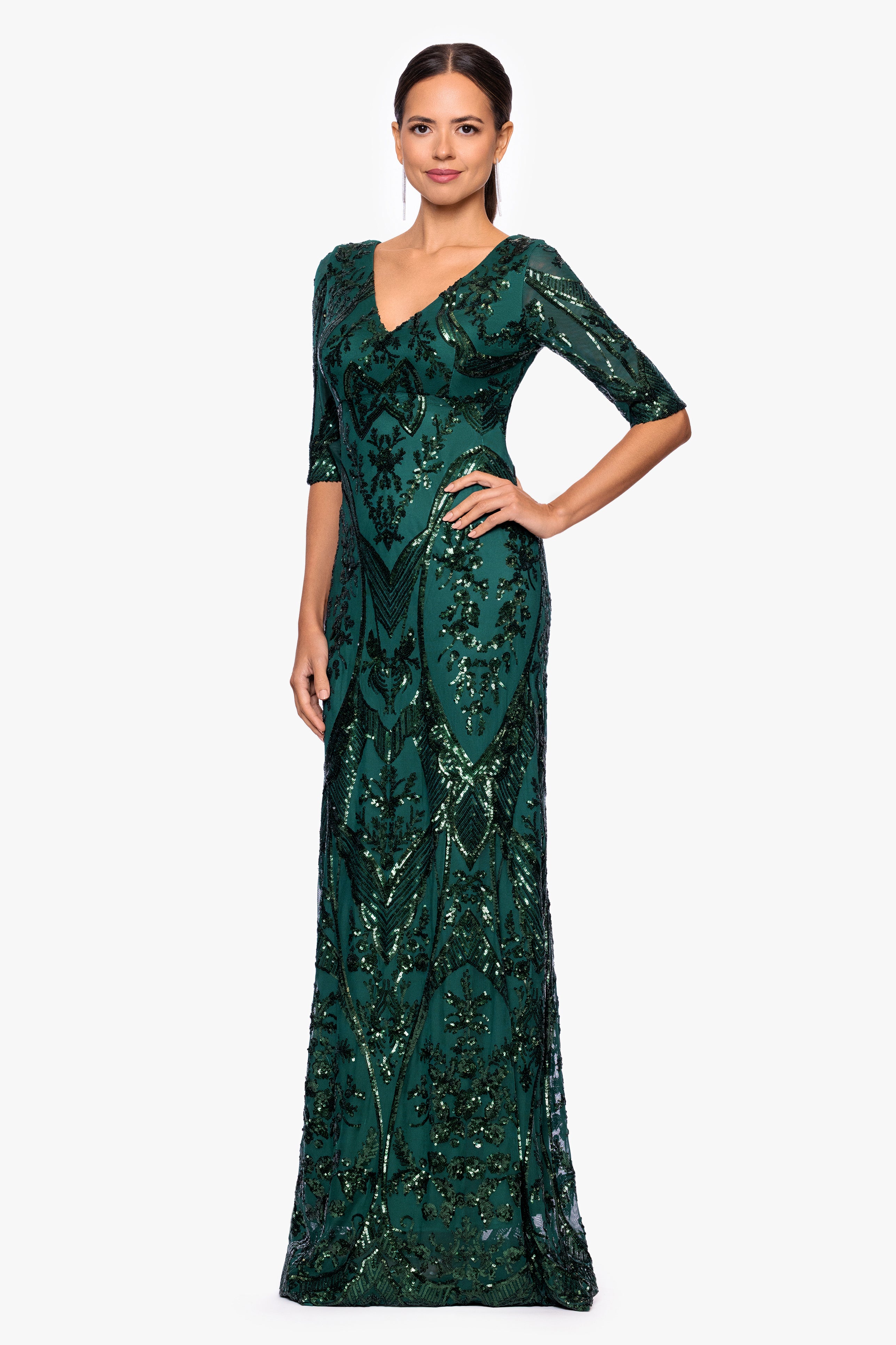 Betsy & Adam "Samara" Sequin V-Neck Floor Length Dress