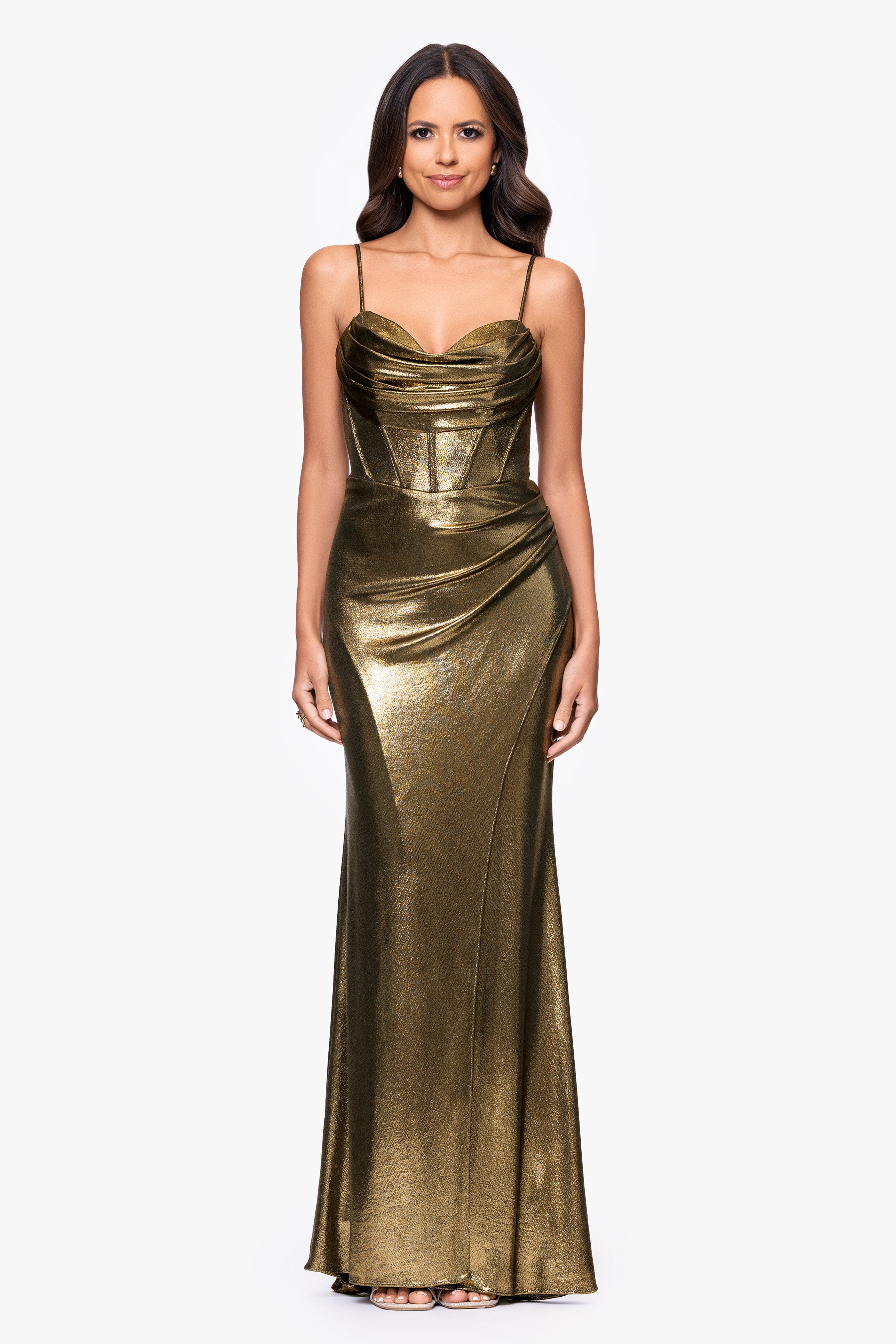 Betsy & Adam "Shayla" Metallic Jersey Corseted Floor Length Dress