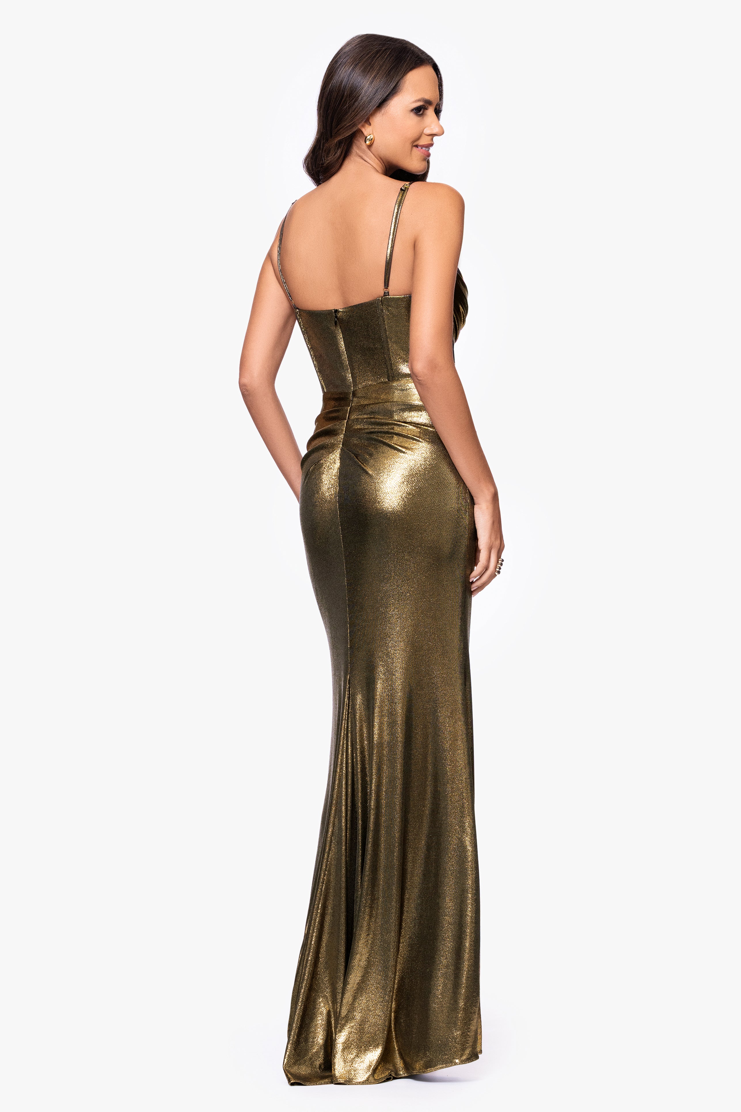 Betsy & Adam "Shayla" Metallic Jersey Corseted Floor Length Dress