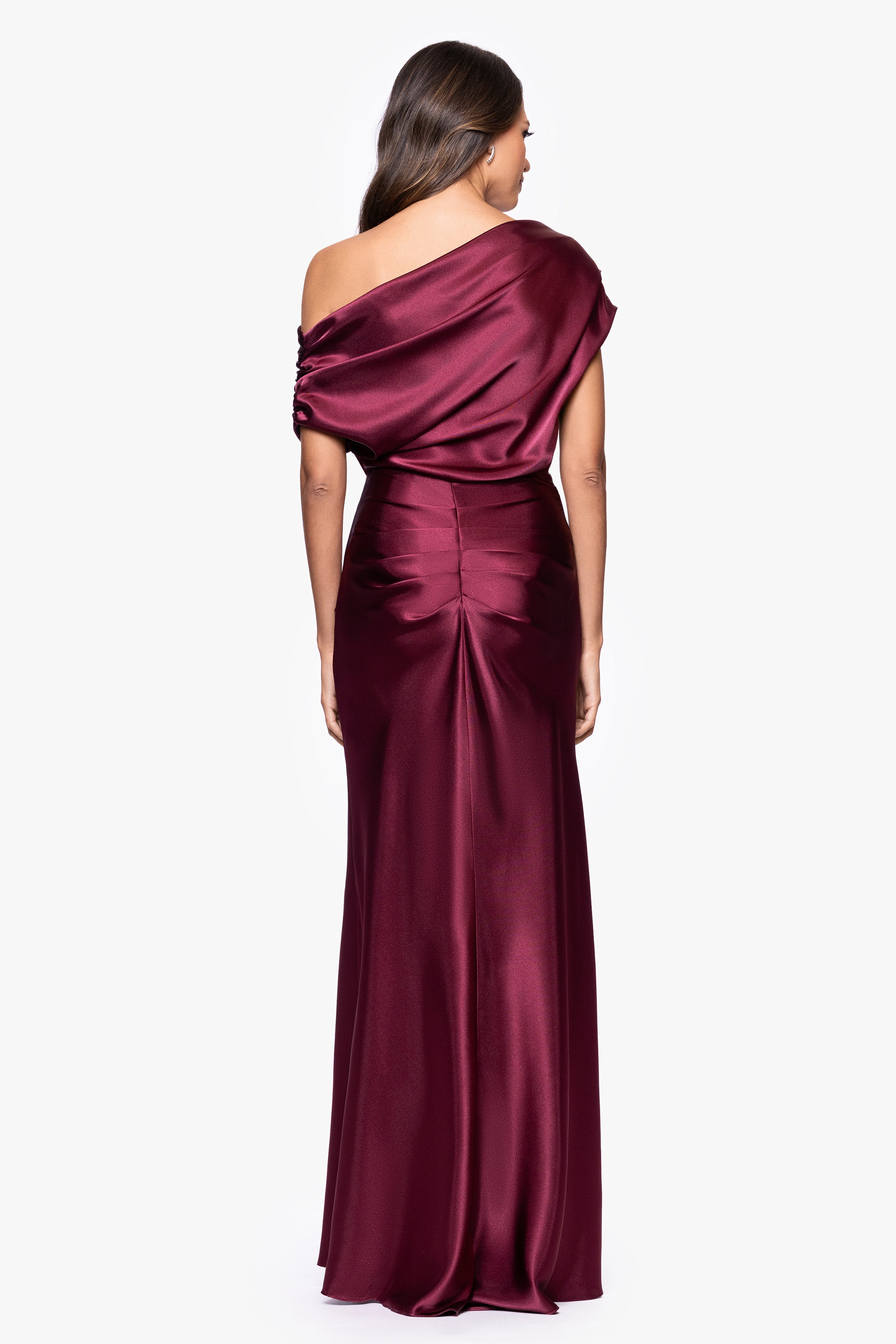 Betsy & Adam "Sofia" Satin Drop Shoulder Floor Length Dress