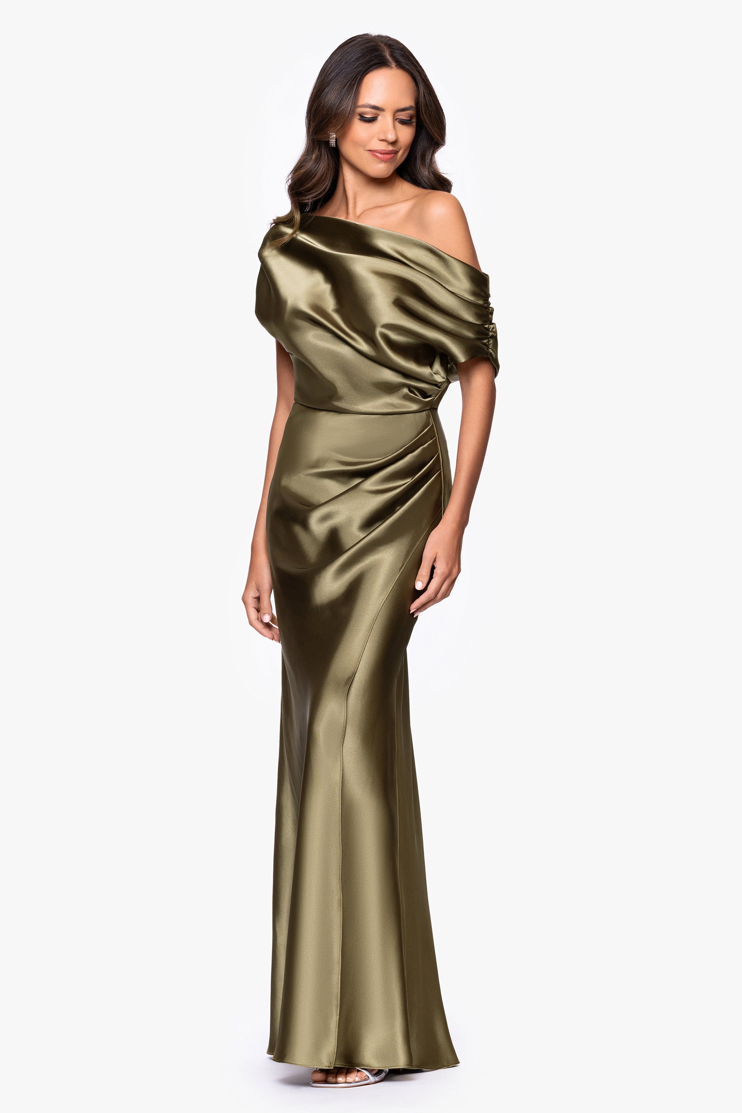 Betsy & Adam "Sofia" Satin Drop Shoulder Floor Length Dress