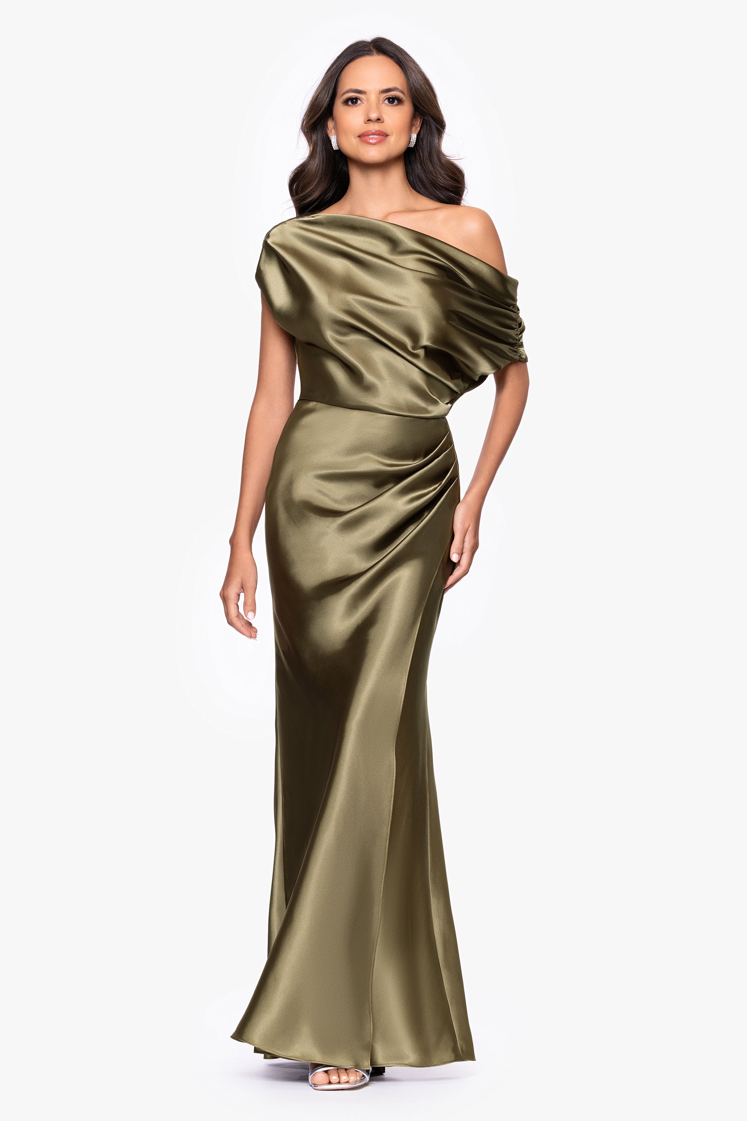 Petite "Sofia" Satin Drop Shoulder Floor Length Dress