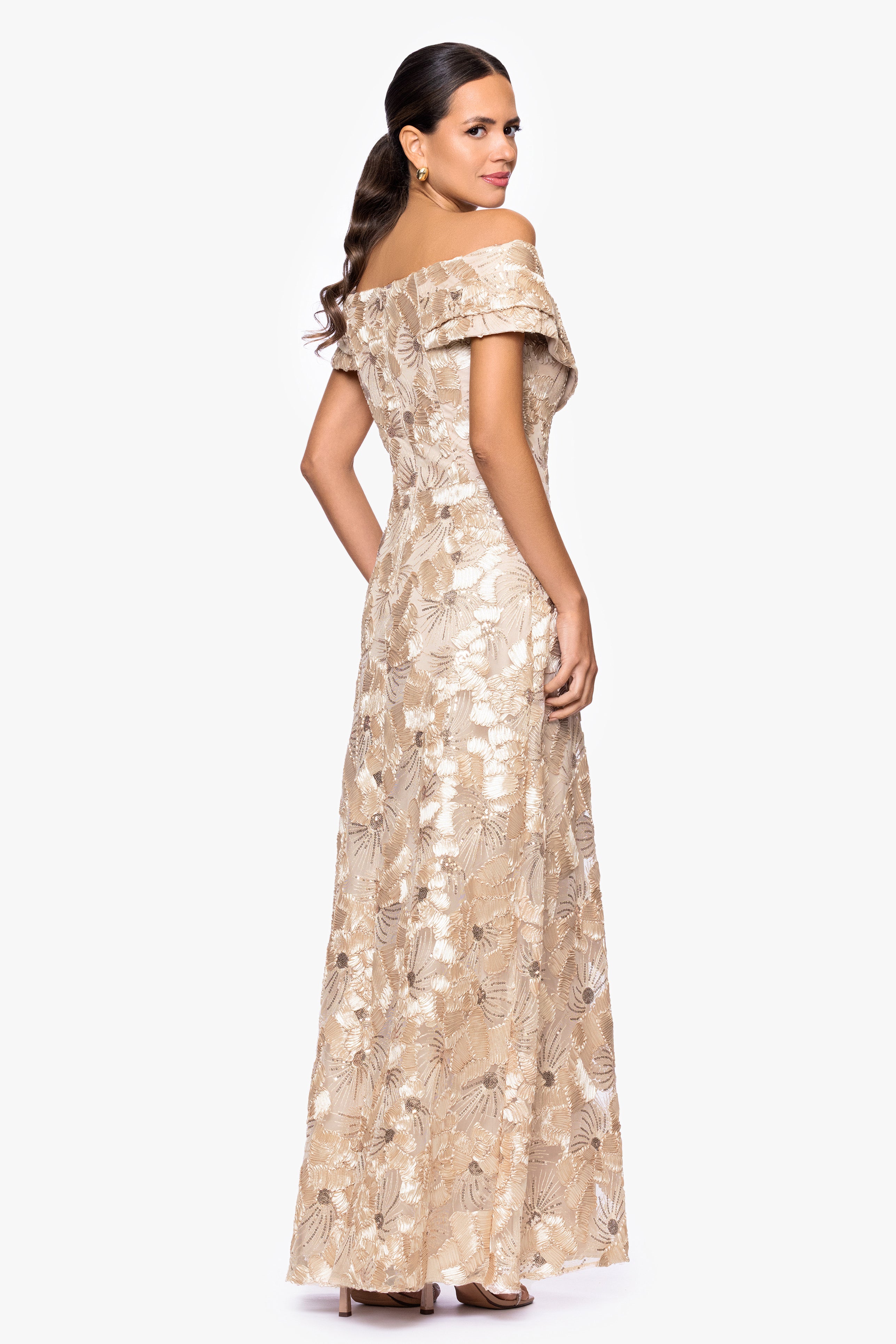 Betsy & Adam "Teyana" Soutache Sequin Off the Shoulder Floor Length Dress