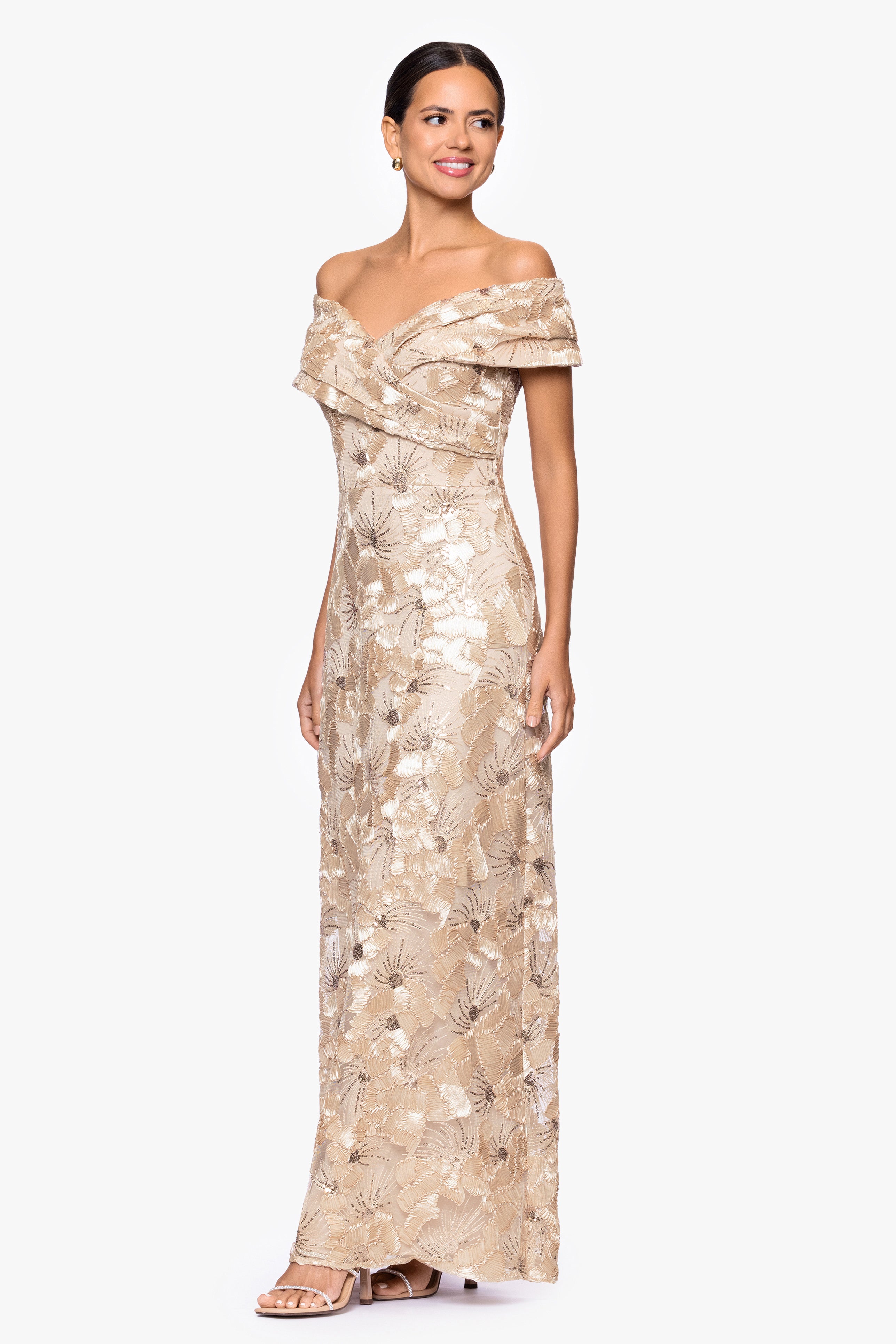 Betsy & Adam "Teyana" Soutache Sequin Off the Shoulder Floor Length Dress