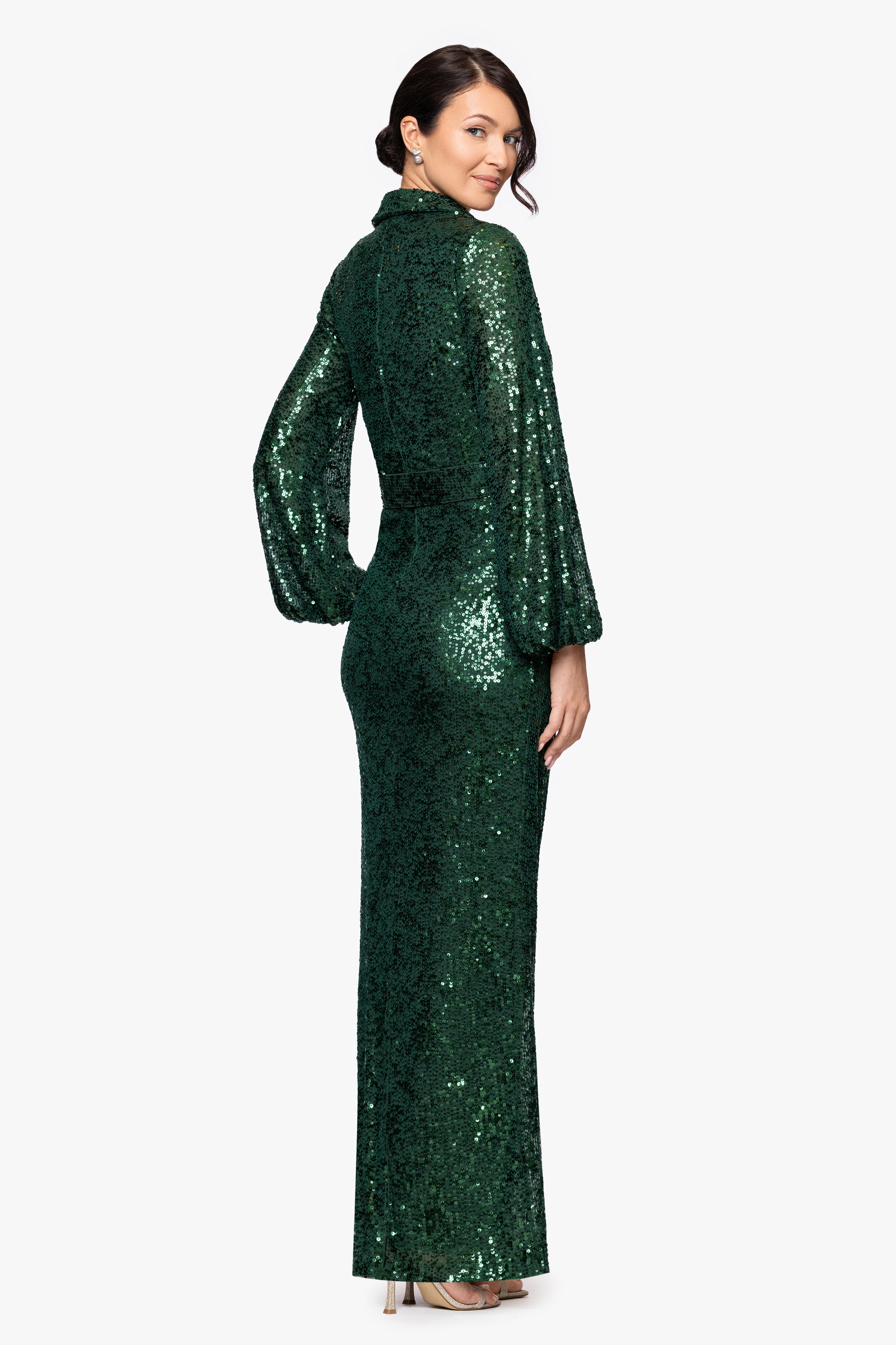 Betsy & Adam "Yulissa" Sequin Collared Long Sleeve Floor Length Dress