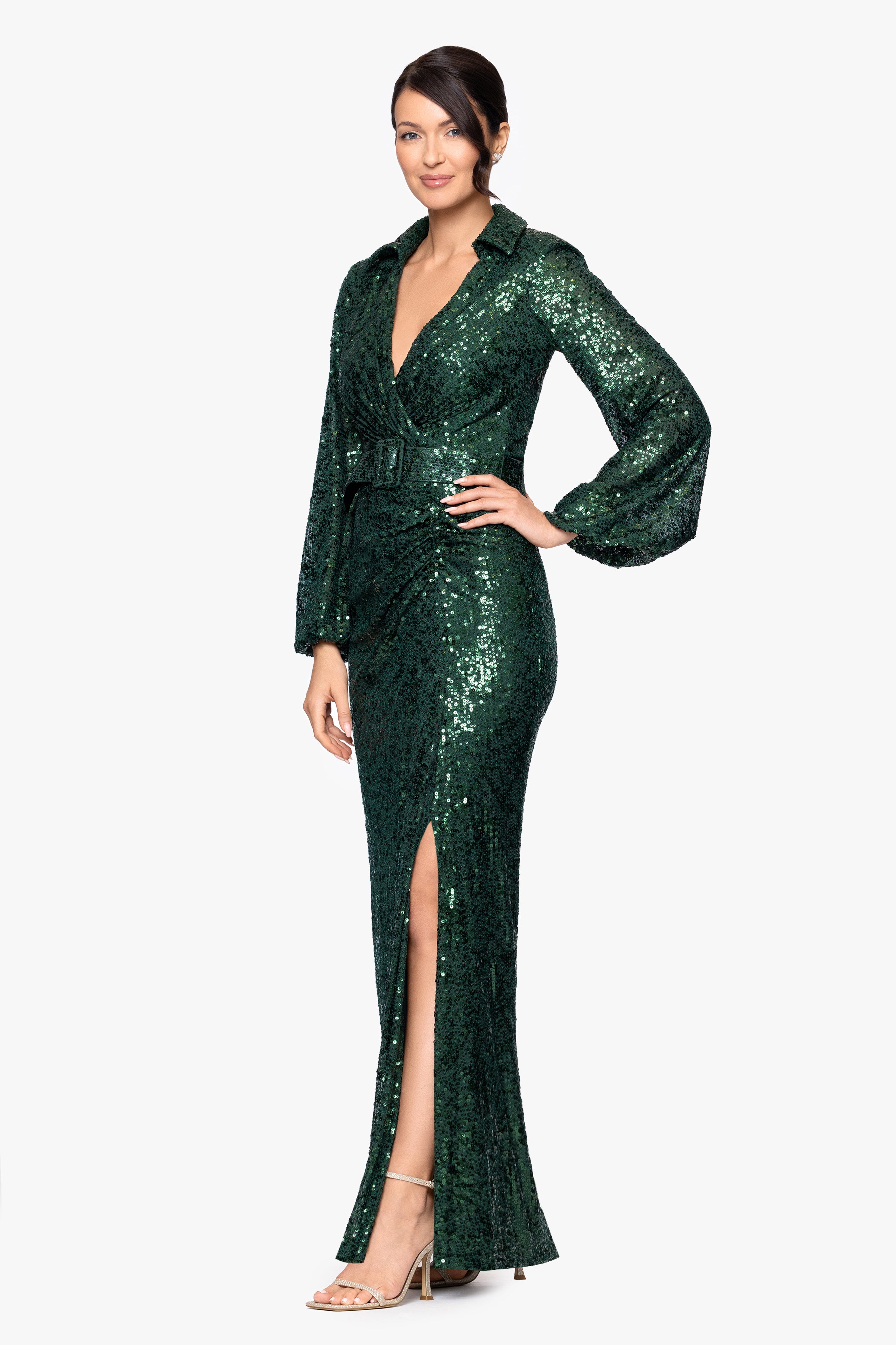 Betsy & Adam "Yulissa" Sequin Collared Long Sleeve Floor Length Dress