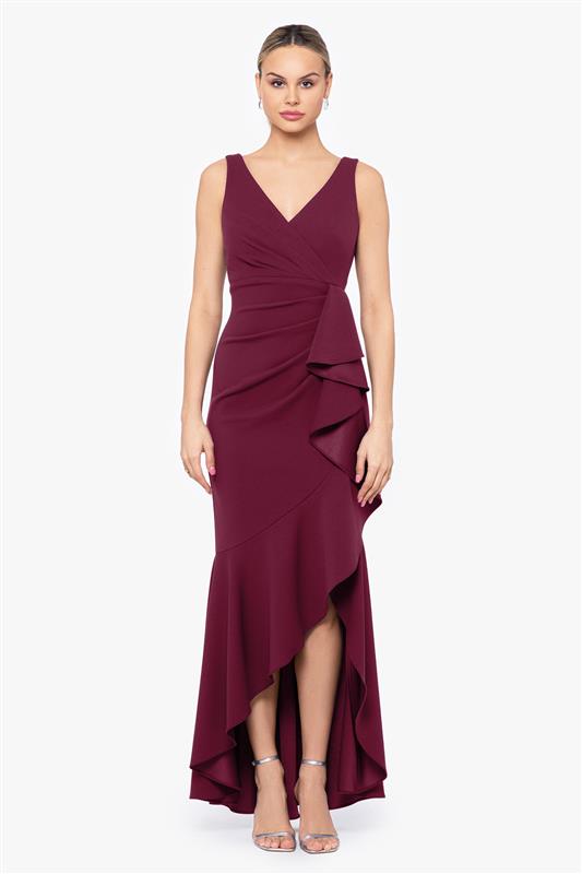 "Candace" V Neck Hi Low Cascade Dress
