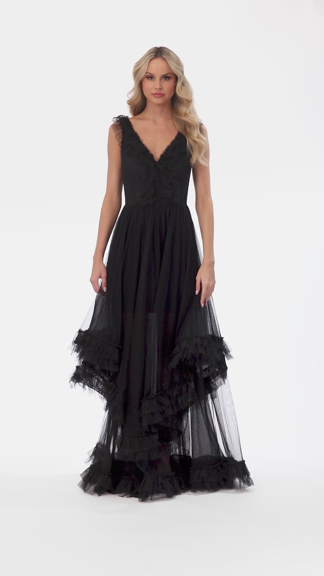 "Shay" Mesh Front and Back V-Neck Ballgown
