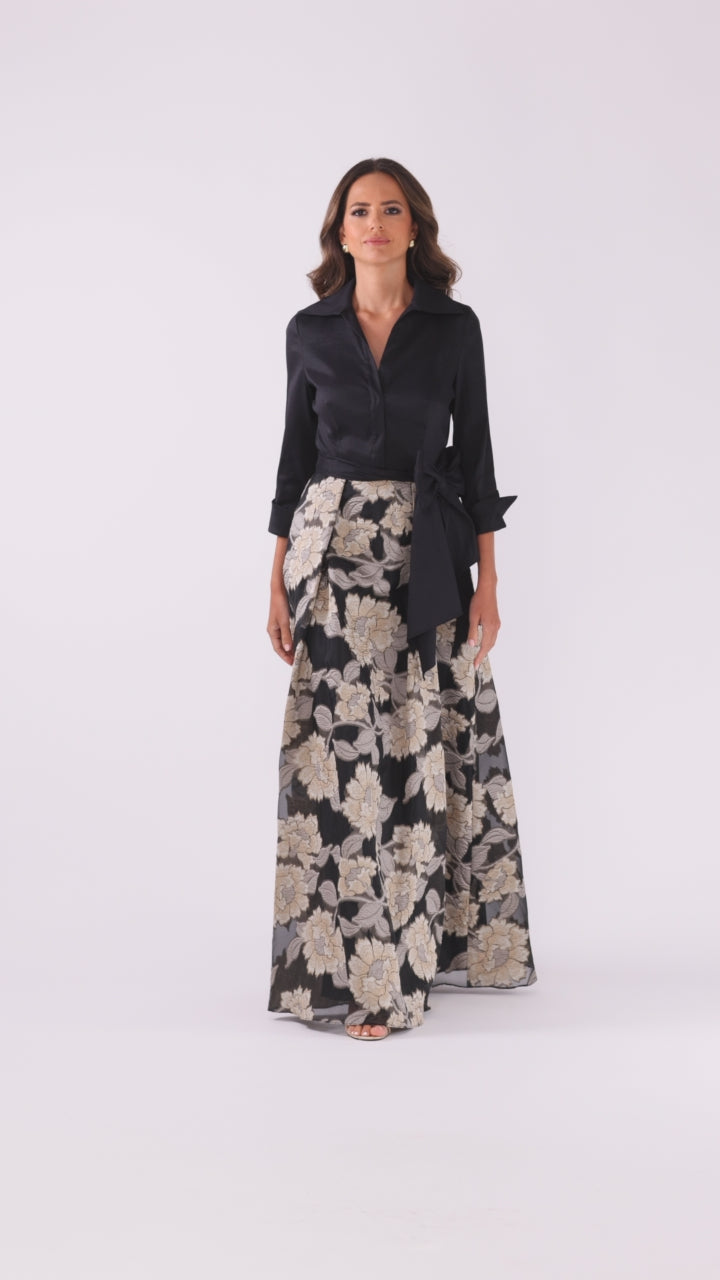 Betsy & Adam "Constance" Taffeta and Brocade 3/4 Sleeve Floor Length Dress