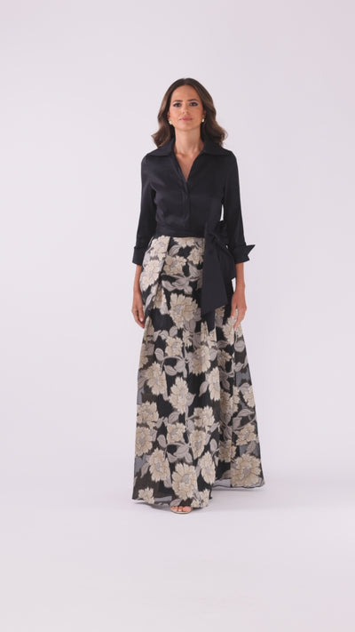 Betsy & Adam "Constance" Taffeta and Brocade 3/4 Sleeve Floor Length Dress