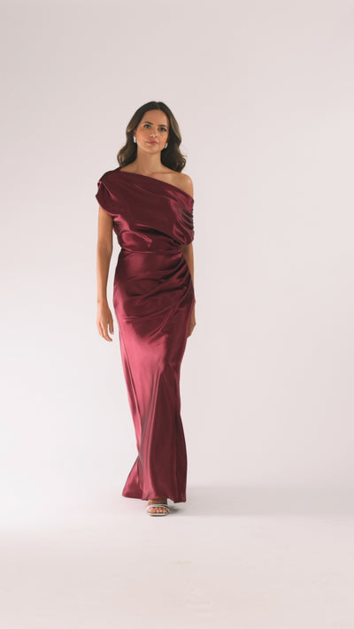 Betsy & Adam "Sofia" Satin Drop Shoulder Floor Length Dress