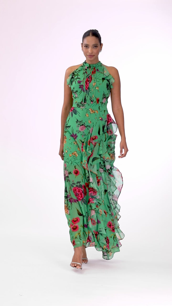 "Sandy" Long Chiffon Floral Ruffle Dress