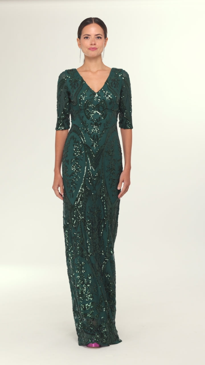 Betsy & Adam "Samara" Sequin V-Neck Floor Length Dress