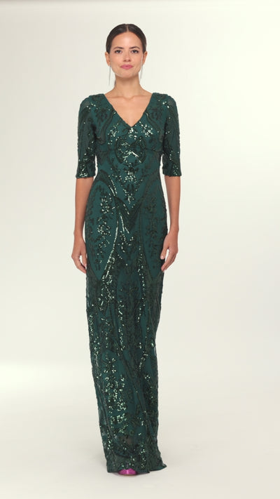 Betsy & Adam "Samara" Sequin V-Neck Floor Length Dress