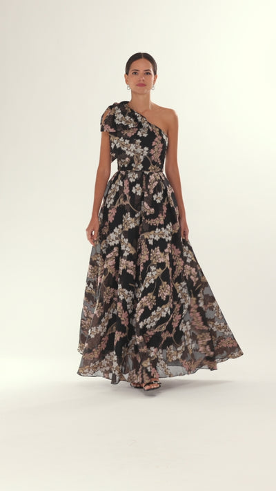 Betsy & Adam "Josanne" Organza Brocade One Shoulder Floor Length Dress