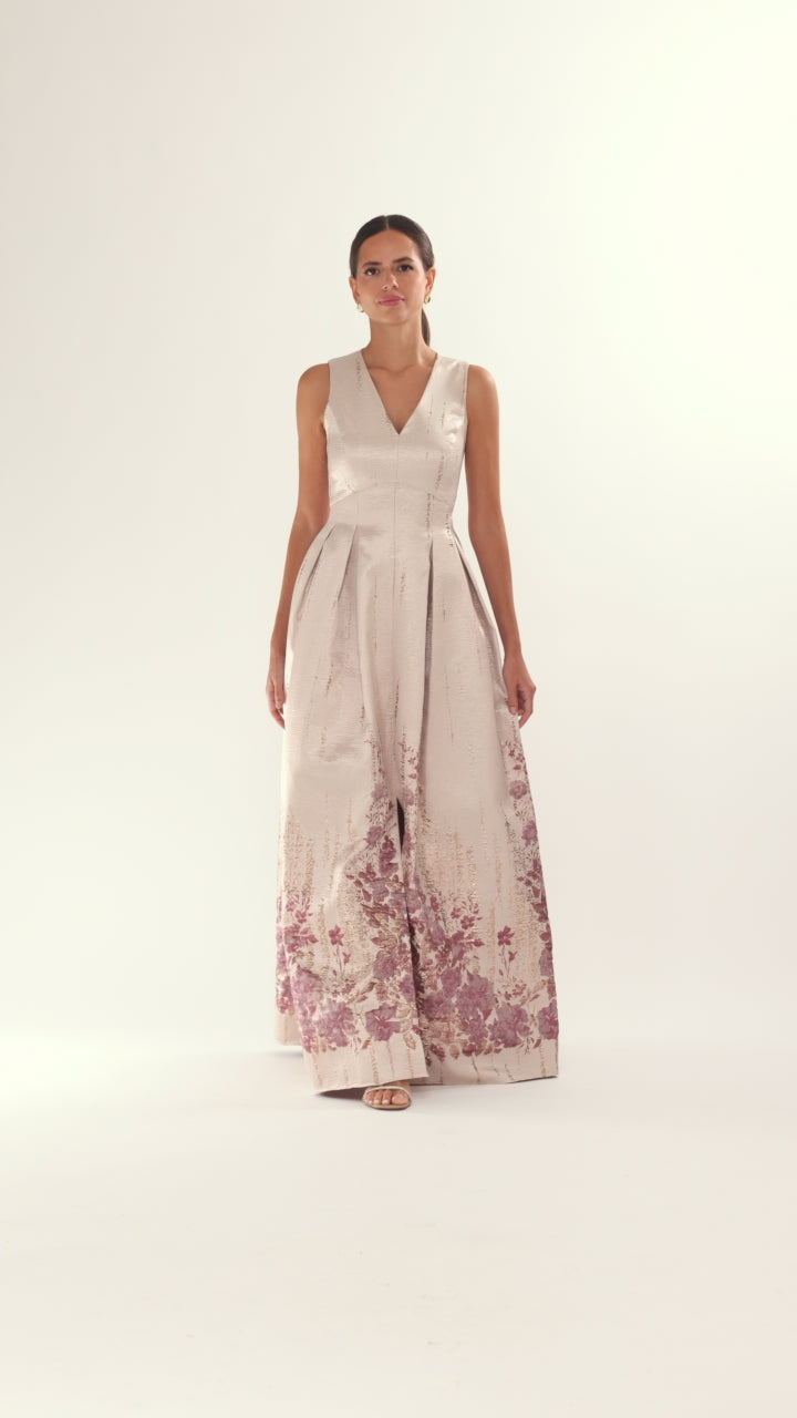 Betsy & Adam Women's Jacquard Pattern V-Neck Long Dress - Rose/Champagne