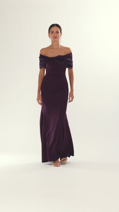 Betsy & Adam "Michelle" Scuba Crepe Off the Shouler Taffeta Trim Floor Length Dress