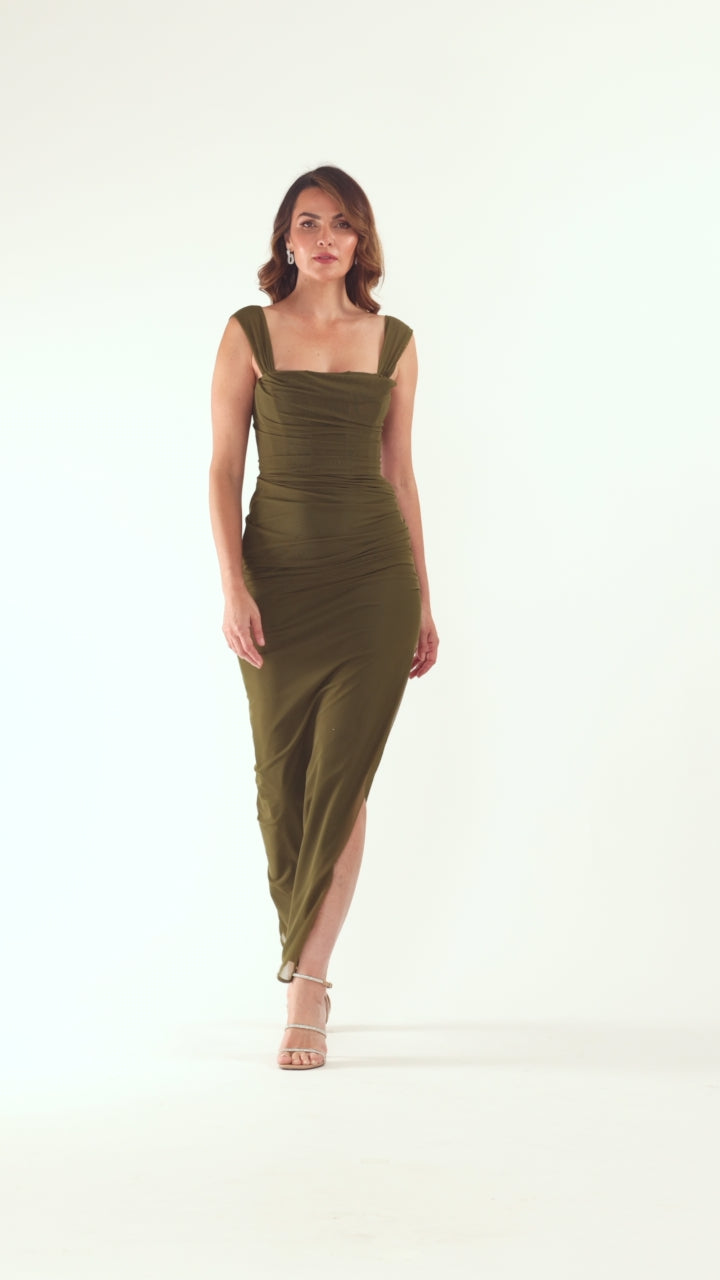 Betsy & Adam "Janice" Mesh Square Neck Floor Length Dress