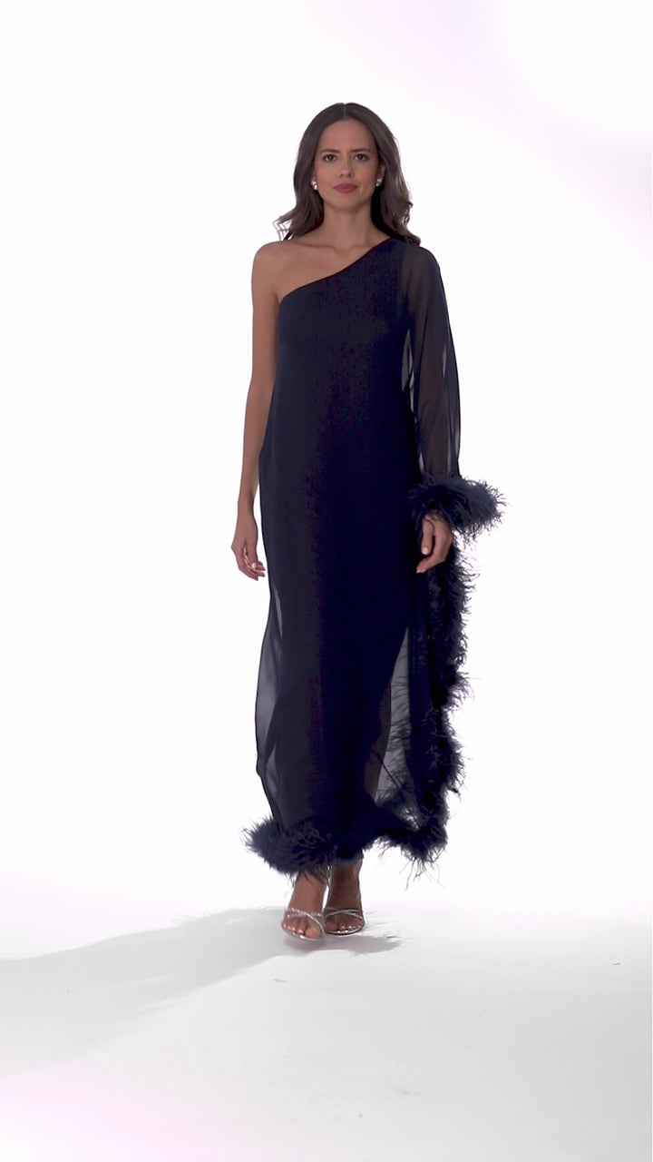 "Tabitha" Long Chiffon One Shoulder with Feather Trim