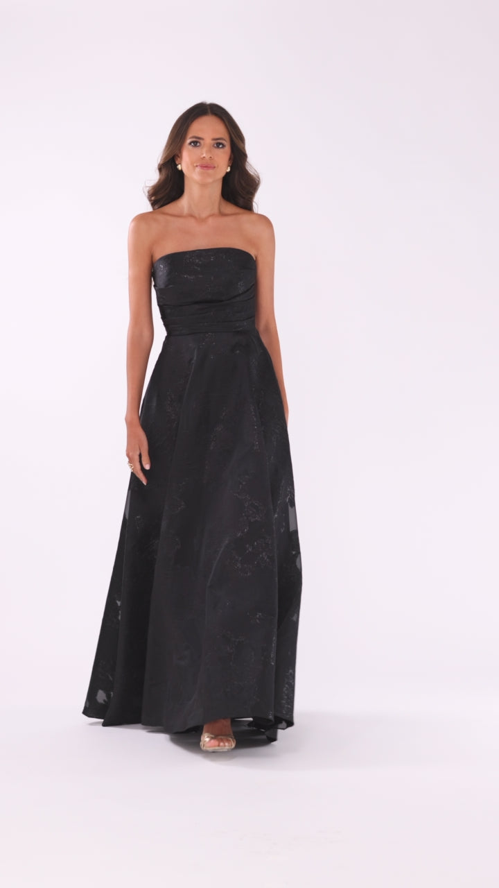 Betsy & Adam "Ellie" Organza Brocade Strapless Floor Length Gown