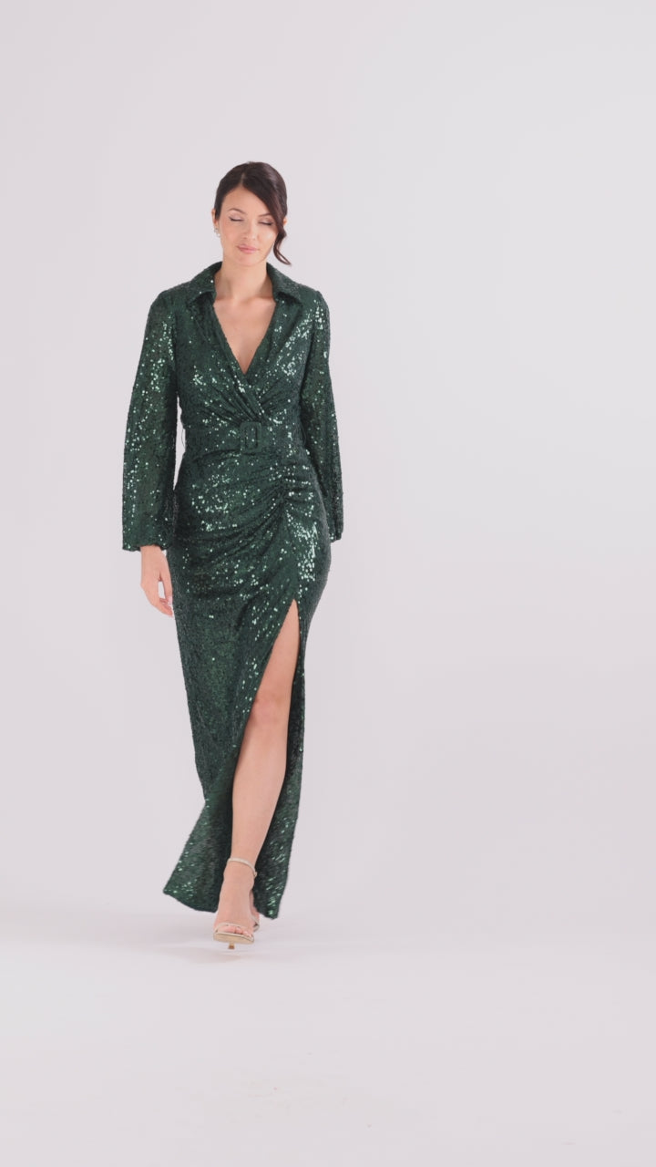 Betsy & Adam "Yulissa" Sequin Collared Long Sleeve Floor Length Dress