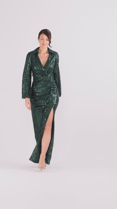 Betsy & Adam "Yulissa" Sequin Collared Long Sleeve Floor Length Dress