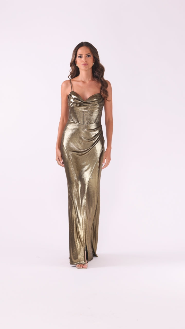 Betsy & Adam "Shayla" Metallic Jersey Corseted Floor Length Dress