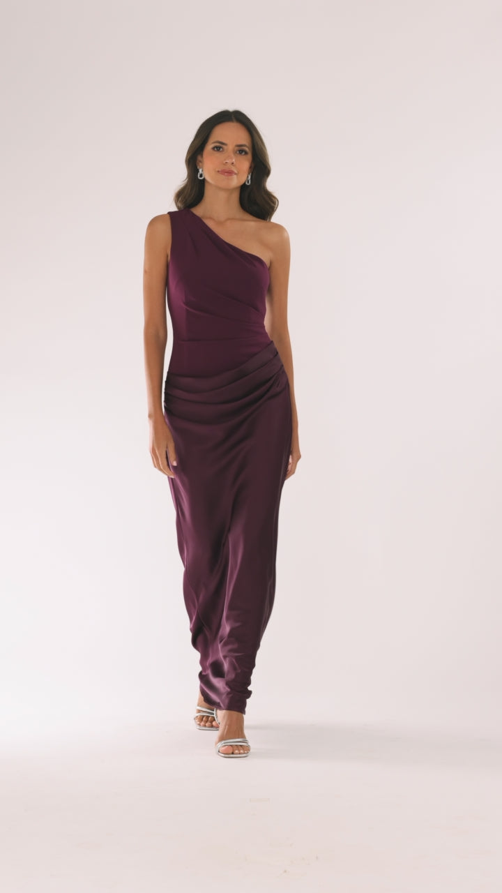 Josie" Scuba Crepe and Satin One Shoulder Floor Length Dress | Betsy & Adam