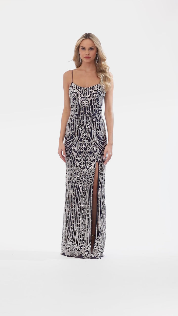 "Holly" Long Beaded Sequin Pattern Dress