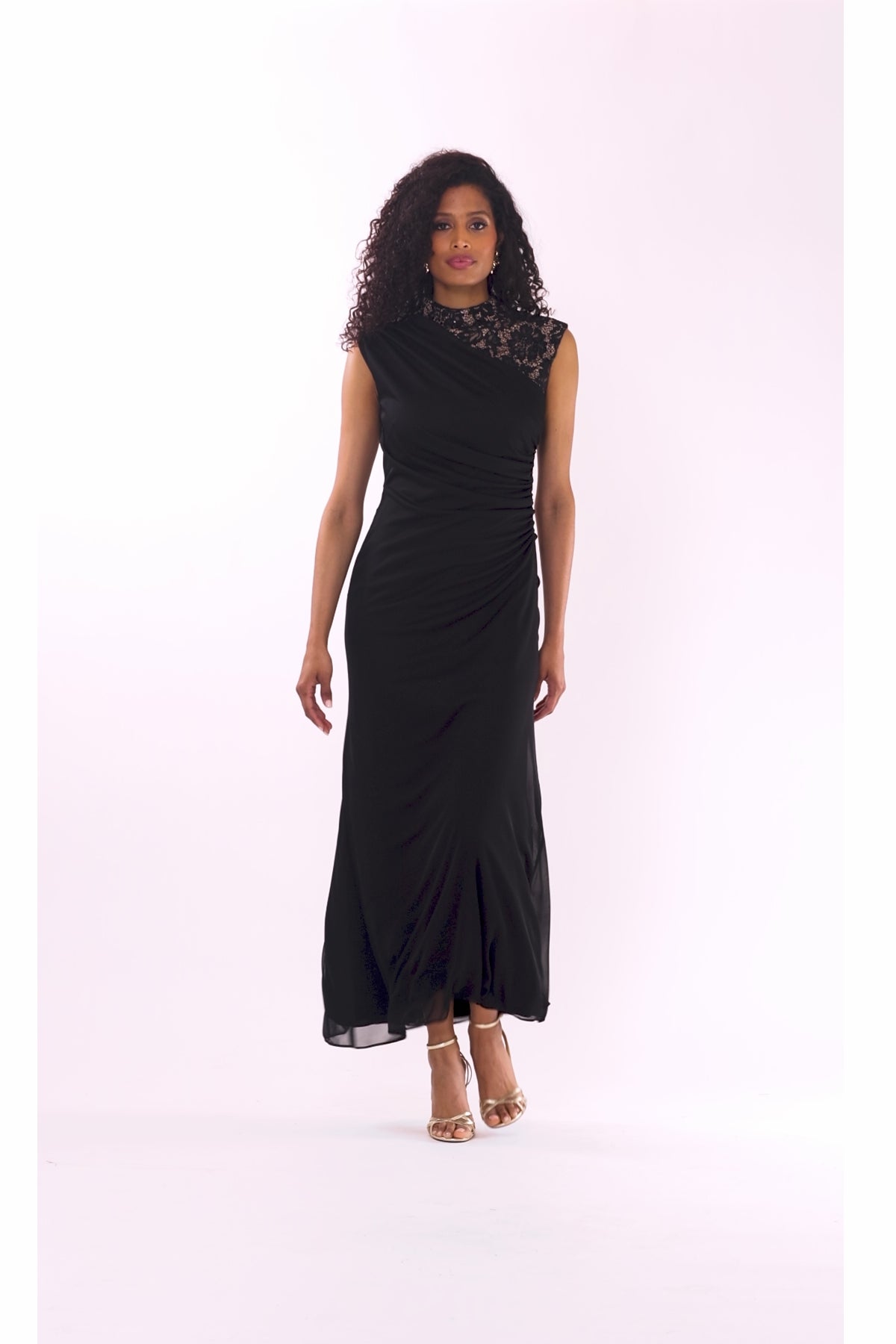Petite “Dayna” Sheer Matte Jersey Knit Lace Neck Ruched Dress