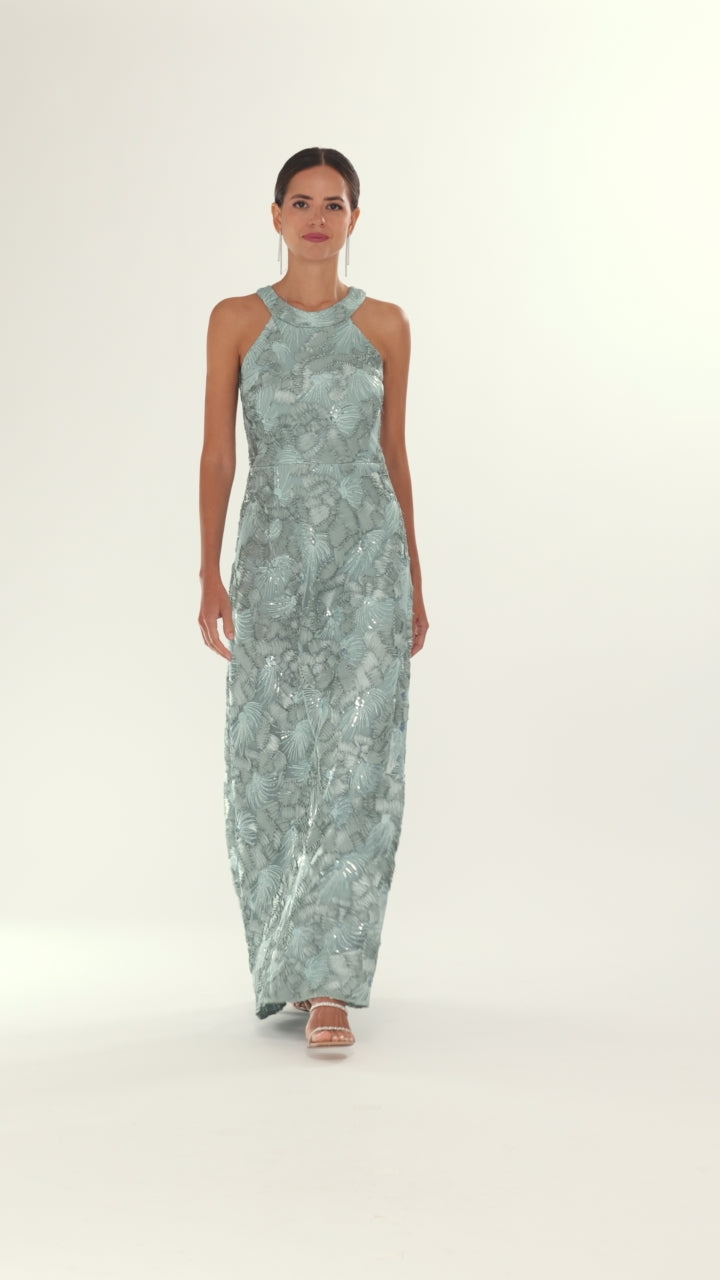 Fabiana" Halter Neck Soutache and Sequin Floor Length Dress