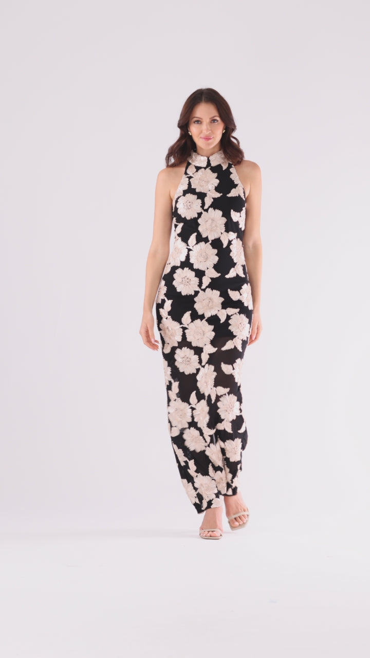Betsy & Adam "Camielle" 3D Flower Embellished Mock Neck Floor Length Dress