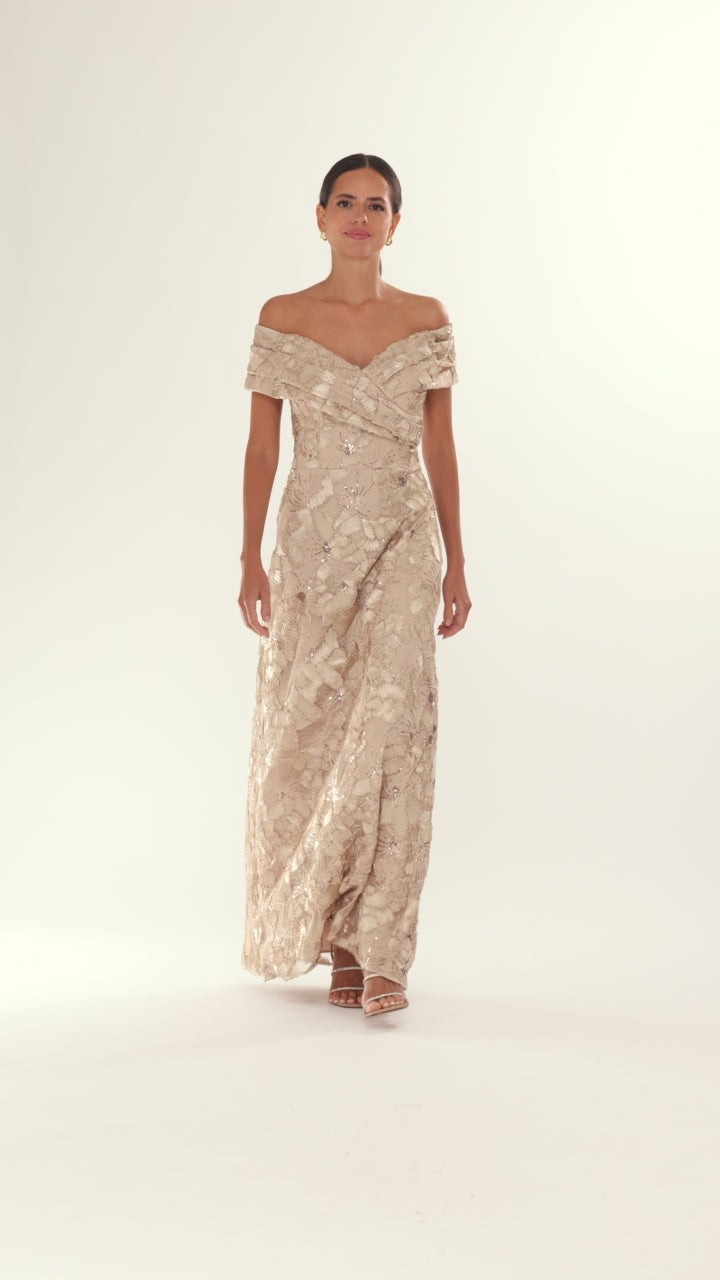 Betsy & Adam "Teyana" Soutache Sequin Off the Shoulder Floor Length Dress