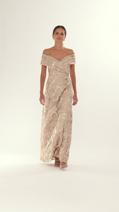 Betsy & Adam "Teyana" Soutache Sequin Off the Shoulder Floor Length Dress