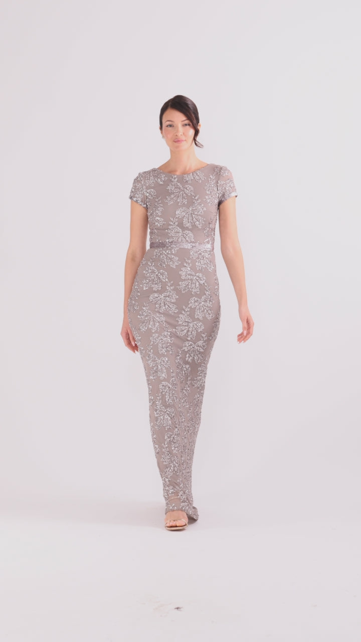 Betsy & Adam "Keisha" Sequin Embellished Short Sleeve Floor Length Dress