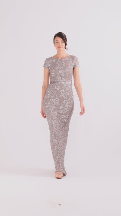 Betsy & Adam "Keisha" Sequin Embellished Short Sleeve Floor Length Dress