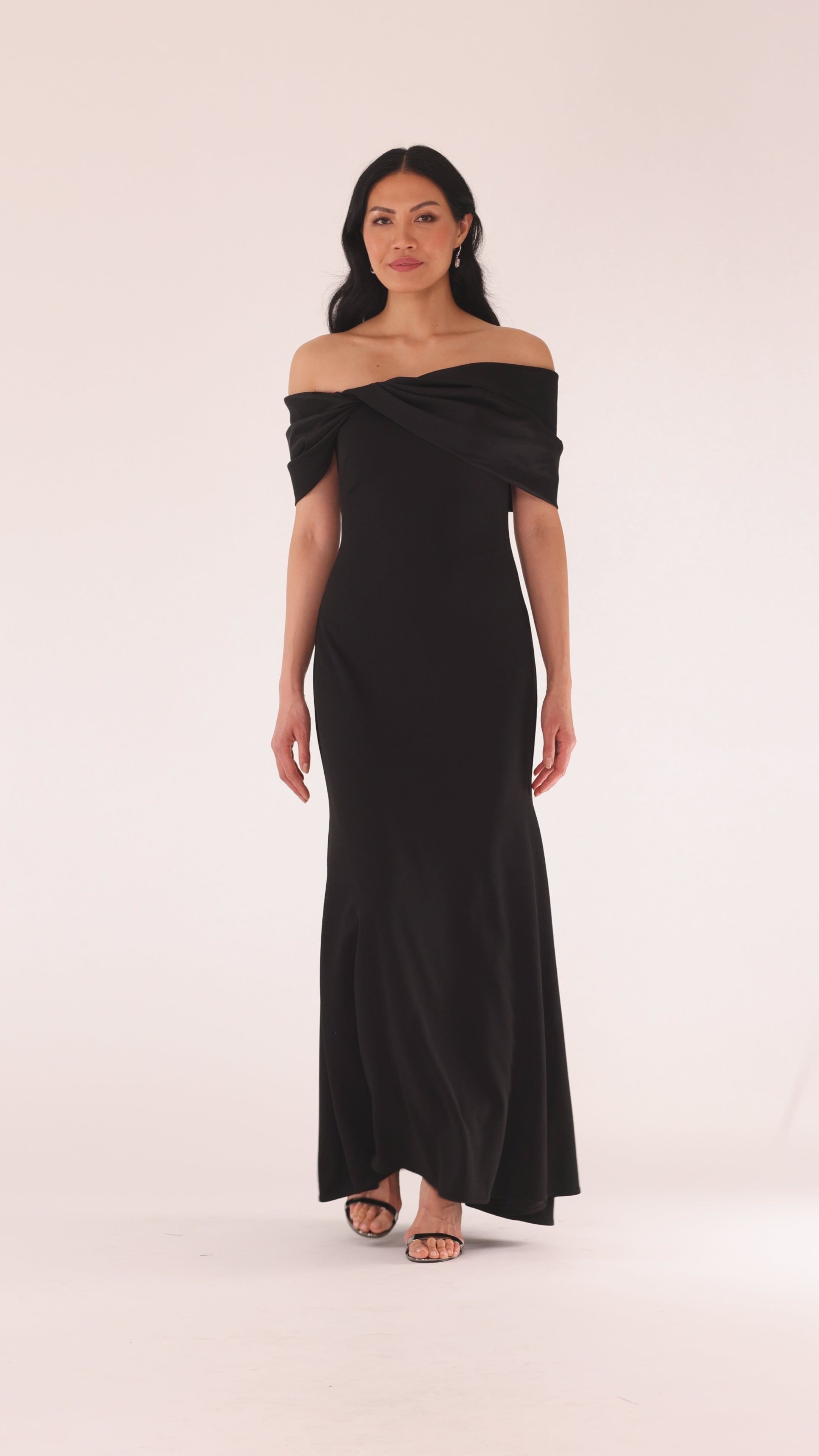 Betsy & Adam "Michelle" Scuba Crepe Off the Shouler Taffeta Trim Floor Length Dress