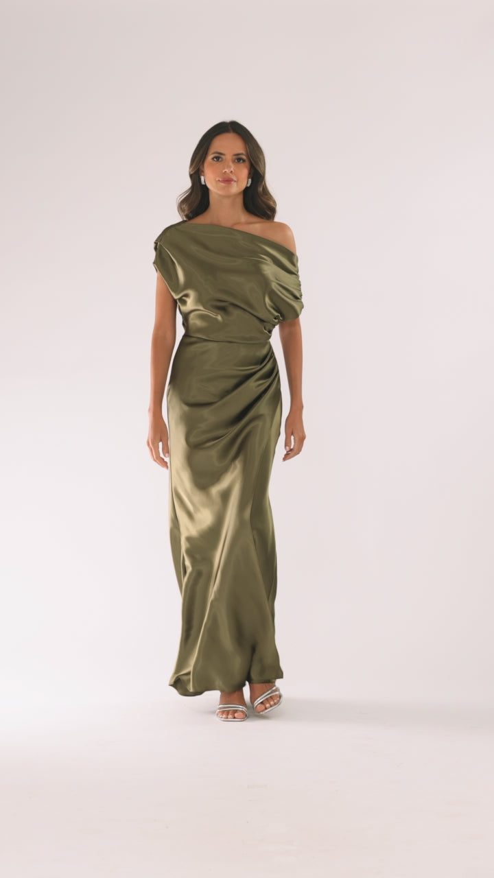 Betsy & Adam "Sofia" Satin Drop Shoulder Floor Length Dress