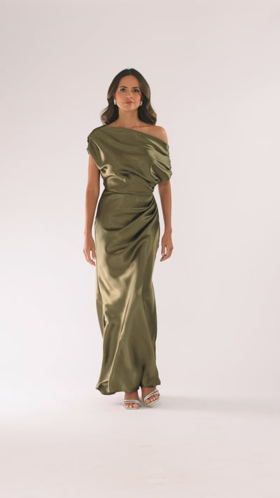 Betsy & Adam "Sofia" Satin Drop Shoulder Floor Length Dress