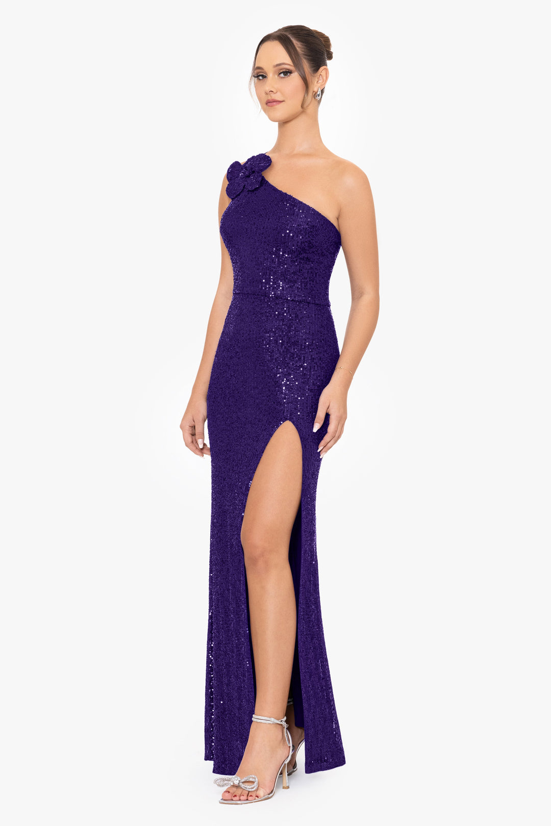 "Tracey" Long One Shoulder Sequin Dress with Flower Detail