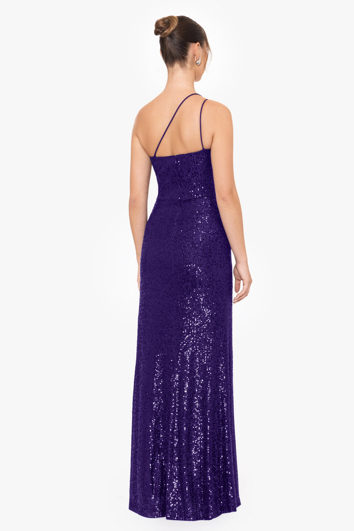 "Tracey" Long One Shoulder Sequin Dress with Flower Detail