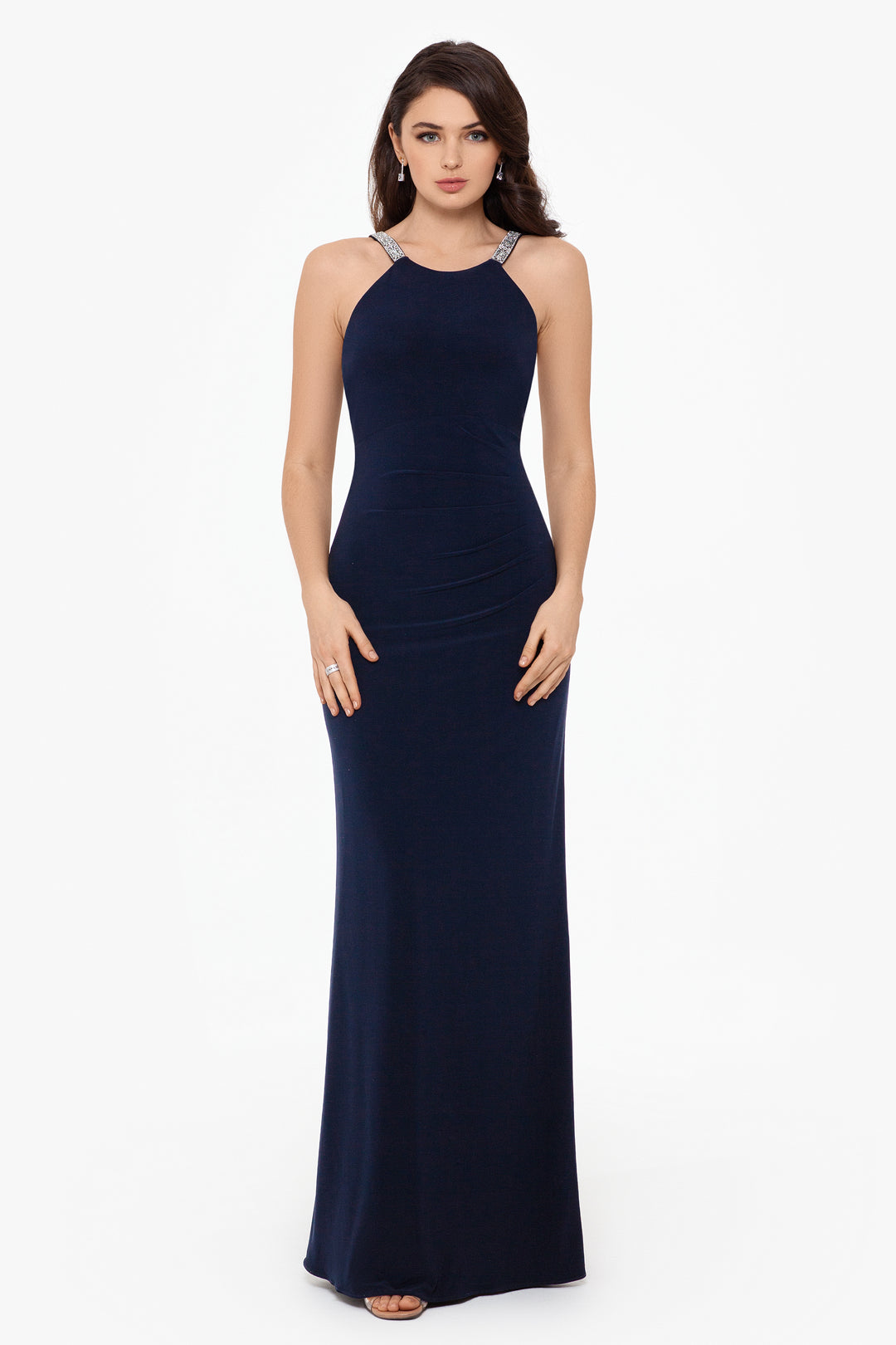 Petite "Jayleen" High Neck Side Ruched Stretch Knit Gown