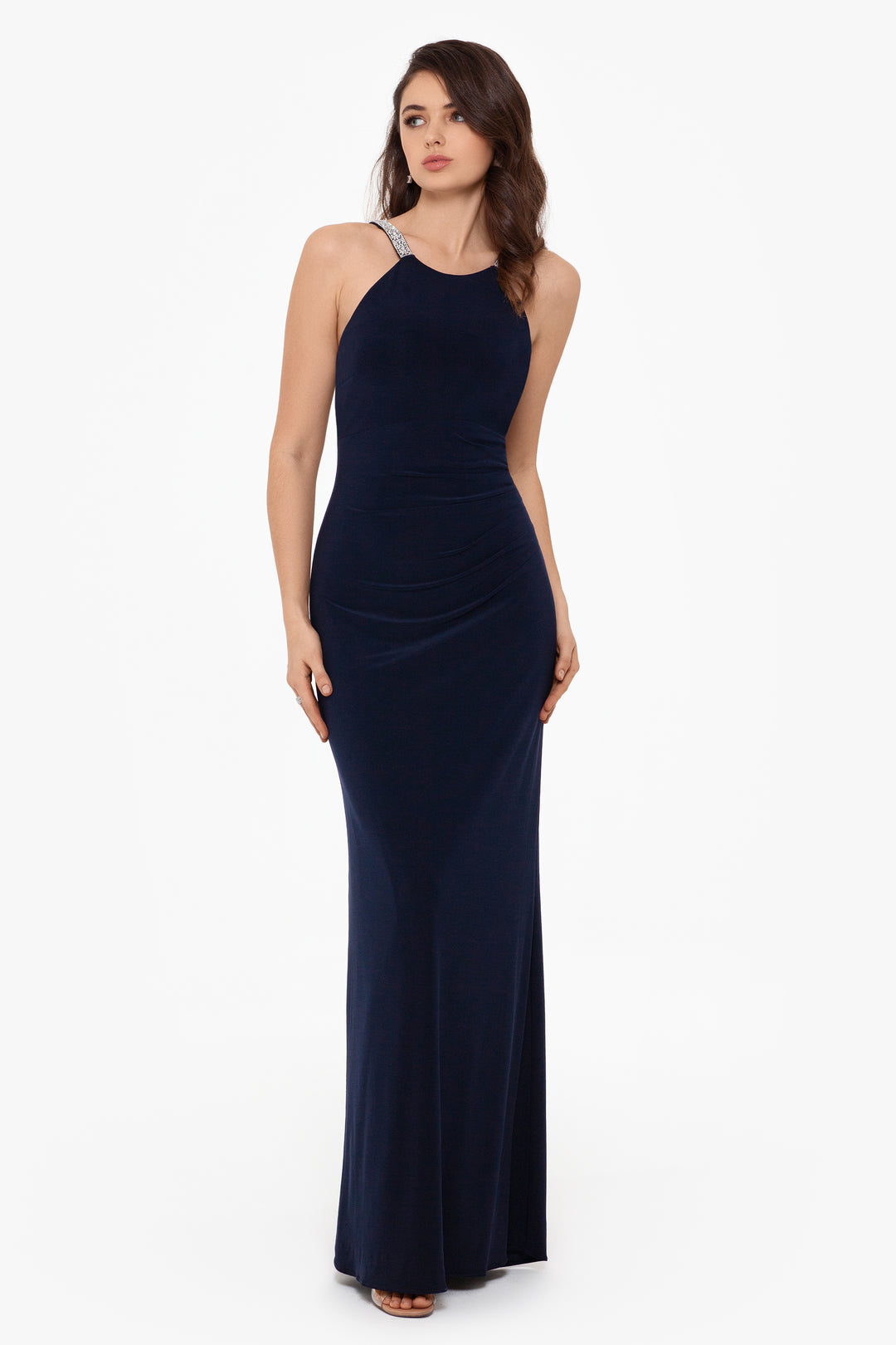"Jayleen" High Neck Side Ruched Stretch Knit Gown - Betsy & Adam