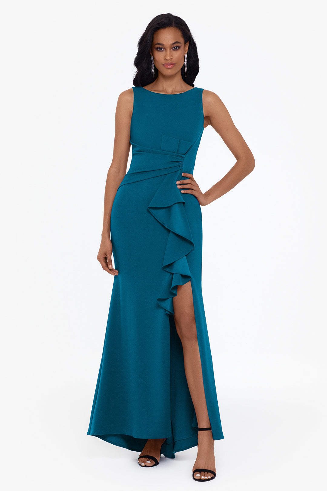 "Christine" Scuba Crepe Ruffled Bow Gown - Betsy & Adam