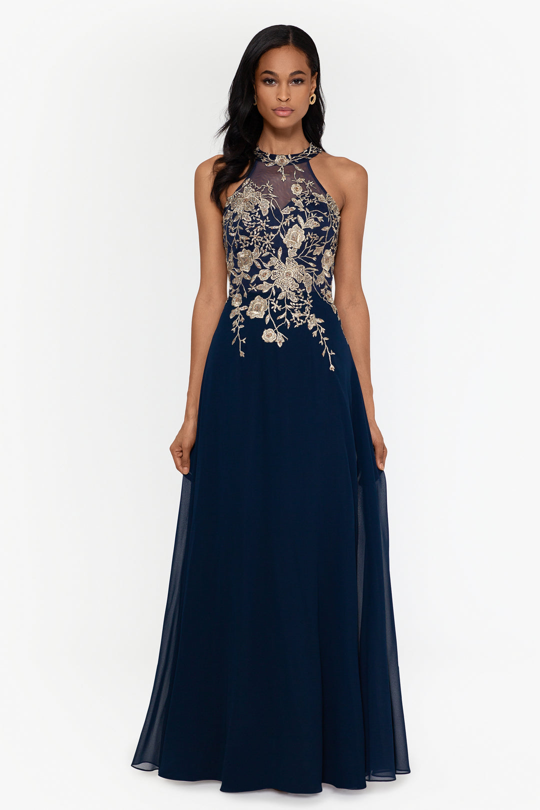 "Celeste" Long Embroidered Chiffon Gown - Betsy & Adam