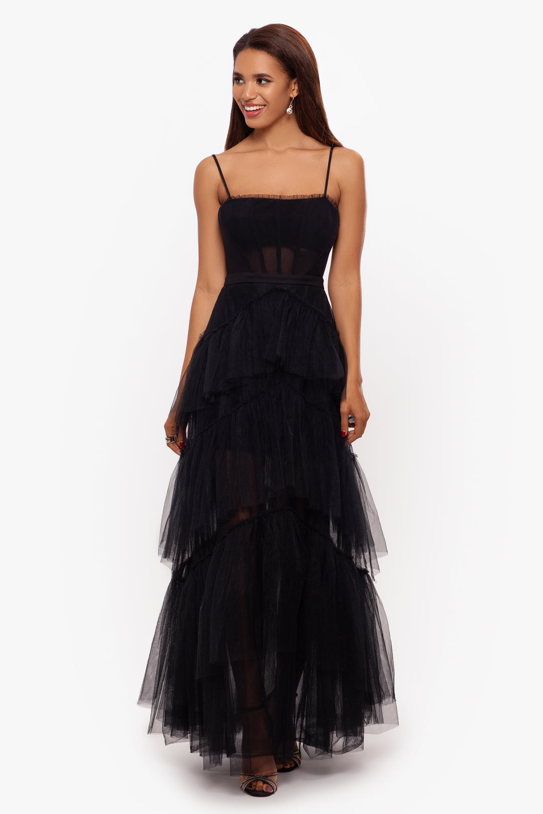 "Jasmine" Dress - A long spaghetti strap mesh corset gown with layered ruffle gatherings. 