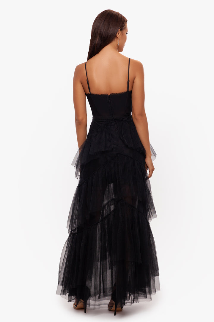 "Jasmine" Dress - A long spaghetti strap mesh corset gown with layered ruffle gatherings. 